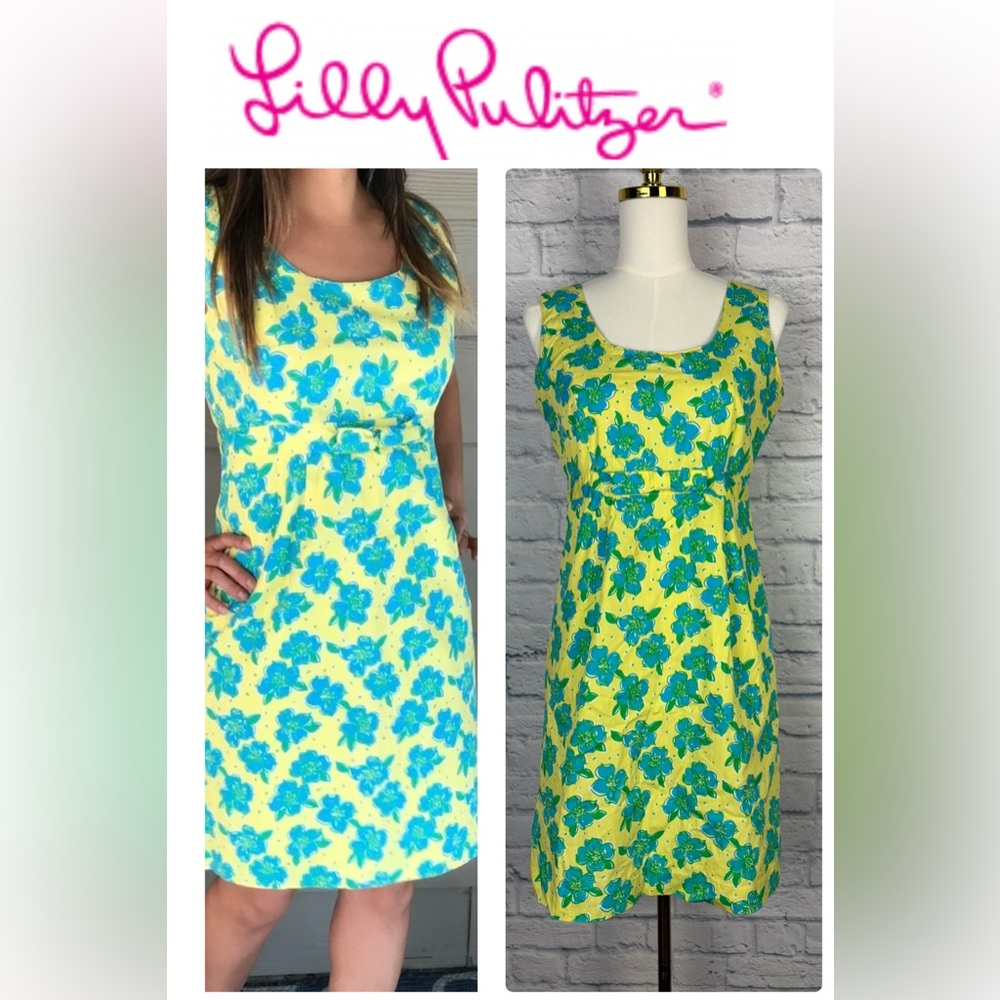 Lilly Pulitzer Sleeveless Yellow Dress Blue Flowers Size 8